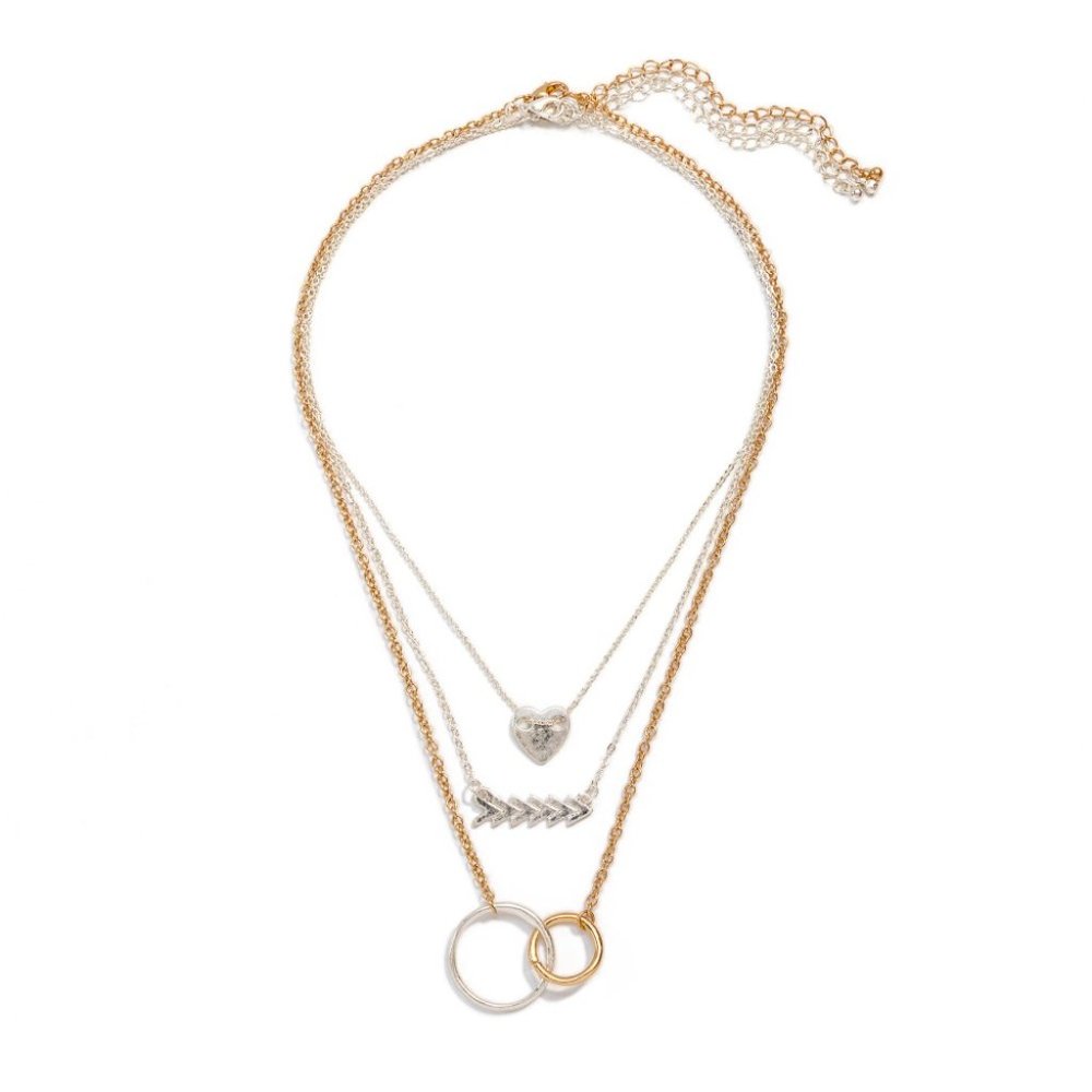 Set of Three Chain Link Necklaces Heart/Arrow/Linked Circle Charm Silver/Gold